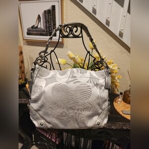 Coach Silver Carly Hobo Signature Canvas Handbag